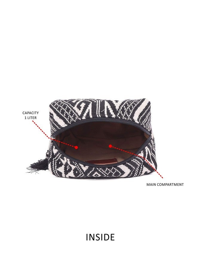 ASTRID Black & White Diamond Pattern Woven Makeup/Travel Pouch with Tassels (Black Textured) - Image 3