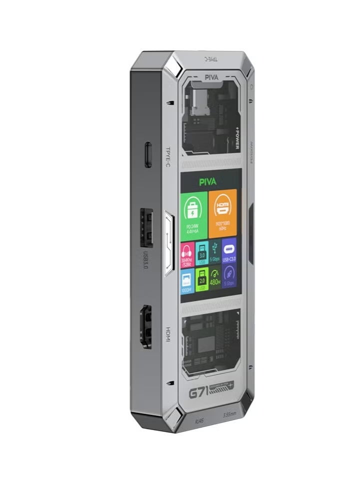 PIVA G71 is a 7-in-1 multi-functional aluminum metal docking station designed for gamers and office workers. It features a smart display for an advanced technology experience. It has two USB 3.0 ports, an HDMI 2.0 port, a Gigabit Ethernet port, and a 3.5mm audio interface. It also supports PD100W fast charging, ensuring diverse connections and efficient performance. - Image 1