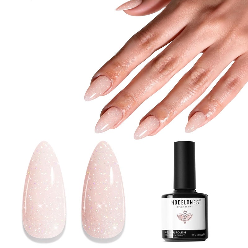 modelones Nude Pink Glitter Gel Nail Polish, Nude Shimmer Soak Off UV/LED Gel Polish, High Gloss for Everyday Nails and Nail Art, 15 ML - Image 1