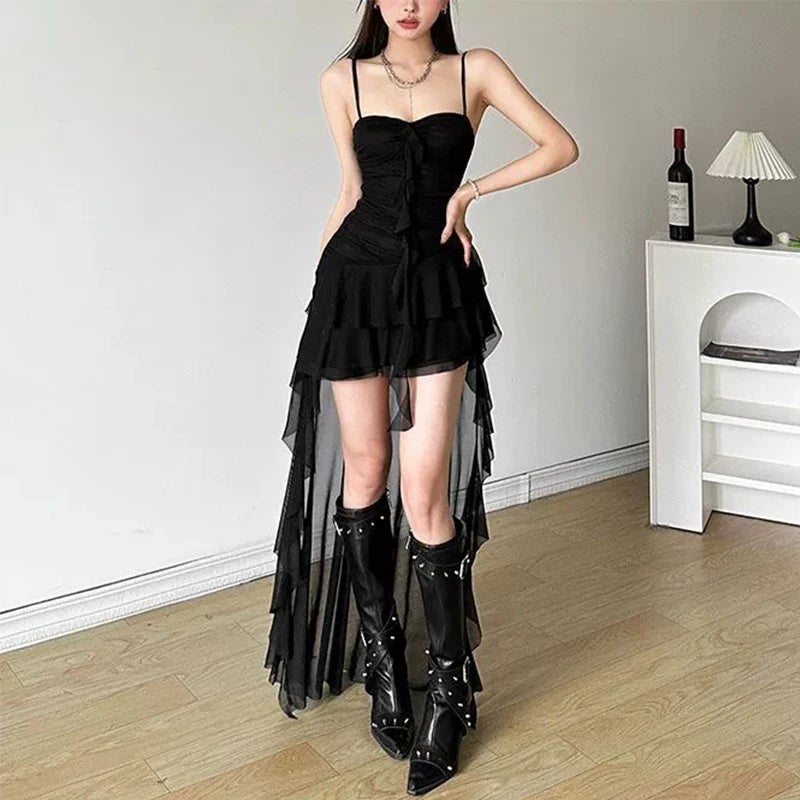 Fashion Sexy Spaghetti Strap Ruffle Irregular Bodycon Party Club Evening Dress Women Mesh Suspender Spring Summer Holiday Beach - Image 1