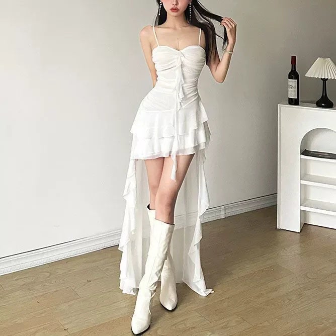 Fashion Sexy Spaghetti Strap Ruffle Irregular Bodycon Party Club Evening Dress Women Mesh Suspender Spring Summer Holiday Beach - Image 5