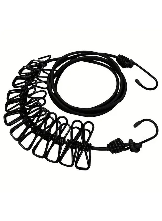 الحبل المطاطي المحمول الأسود القابل للسحب والمقاوم للرياح لتجفيف الملابس مع 12 مشبكًا - Image 1