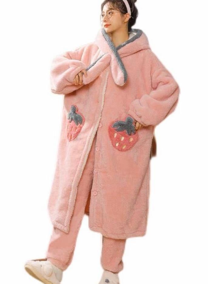 KUYING Cute Strawberry Pocket Coral Plush Hooded Nightgown Home Plush Nightgown - Image 1
