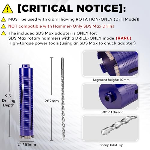 DaduoRi 2" Pro Dry Core Drill Bit with Pilot Bit & 3 Adapters (SDS Plus/SDS Max/1/2 Hex), Upgraded-Welded Blade Core Bits for Concrete with Rebar, Masonry, Brick, Mortar - 9.5" Depth, 5/8"-11 Thread - Image 2