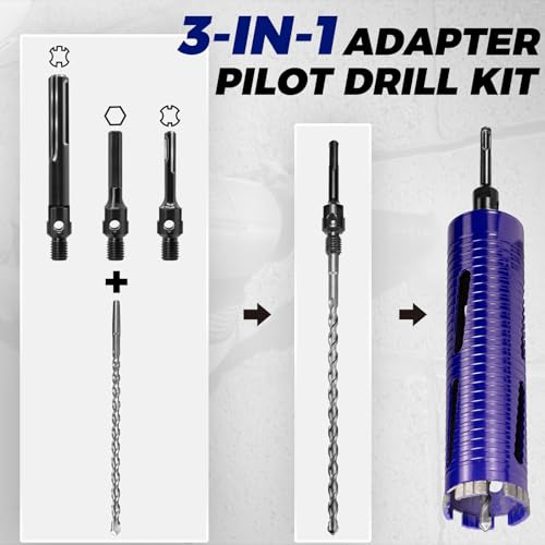 DaduoRi 2" Pro Dry Core Drill Bit with Pilot Bit & 3 Adapters (SDS Plus/SDS Max/1/2 Hex), Upgraded-Welded Blade Core Bits for Concrete with Rebar, Masonry, Brick, Mortar - 9.5" Depth, 5/8"-11 Thread - Image 5