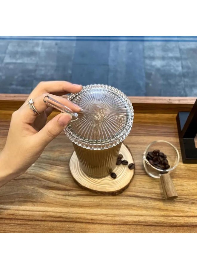 كوب زجاجي شفاف سعة 420 مل مع غطاء، مثالي للقهوة المثلجة والعصائر والماء والمشروبات الساخنة، قابل لإعادة الاستخدام. - Image 5