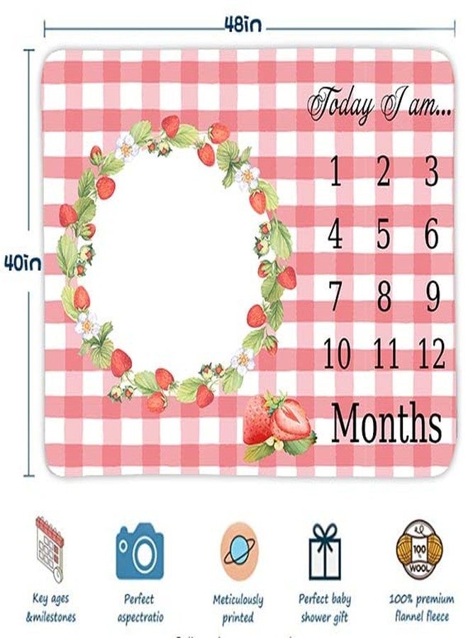 FHZON Strawberry Wreath Milestone Blanket Pink Plaid Baby Blanket Plant Personalized Swaddling Blanket Outdoor Crawling Mat 48x40in BTMYFH46 - Image 4