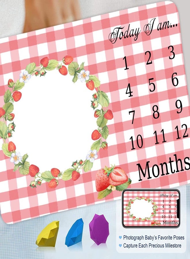 FHZON Strawberry Wreath Milestone Blanket Pink Plaid Baby Blanket Plant Personalized Swaddling Blanket Outdoor Crawling Mat 48x40in BTMYFH46 - Image 2