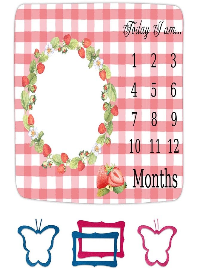 FHZON Strawberry Wreath Milestone Blanket Pink Plaid Baby Blanket Plant Personalized Swaddling Blanket Outdoor Crawling Mat 48x40in BTMYFH46 - Image 1