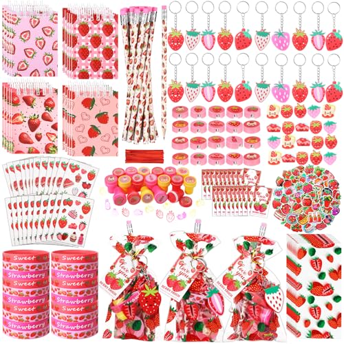 Sayglossy 171 Pcs Strawberry Party Favors Set Includes Gift Bags Pencils Notebook Sharpener Slap Bracelets Rings Keychains Tattoo Stickers Stamper Strawberry Party Favors for Birthday Shower - Image 1