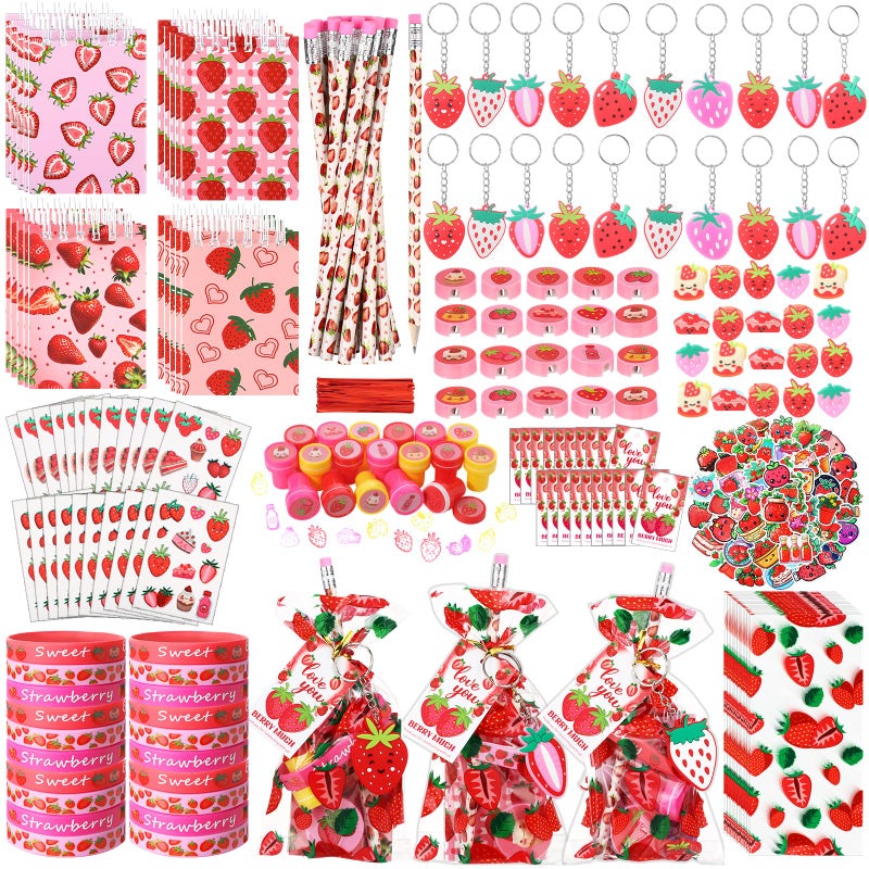 Sayglossy 171 Pcs Strawberry Party Favors Set Includes Gift Bags Pencils Notebook Sharpener Slap Bracelets Rings Keychains Tattoo Stickers Stamper Strawberry Party Favors for Birthday Shower - Image 3