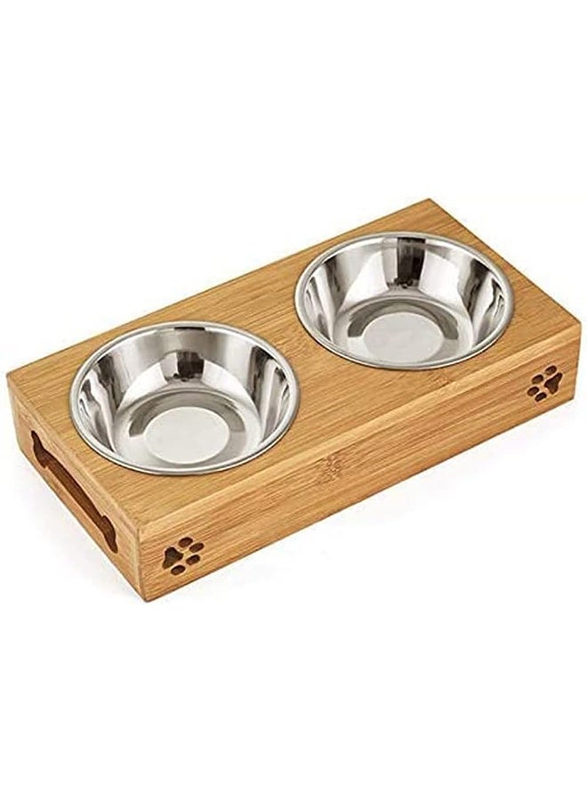 JCB CHIC Pet Bowl, Double Pet Dog cat Bowl Stainless Steel Pet Bowl Bamboo Bottom Food Water Dual-use Feeding Dish, 2 Dishes for Food and Water - Image 1