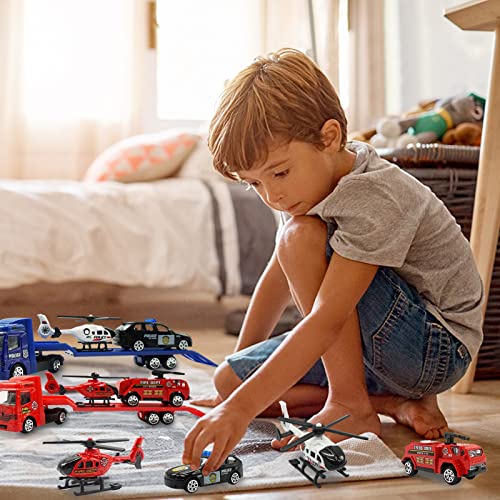 OTONOPI Toy Vehicle Push and Go Rescue Playset Diecast Mini Police Car Fire Engine Truck and Helicopter Toy in Semi Carrier Truck Gift for Toddlers Kids Boys - Image 5