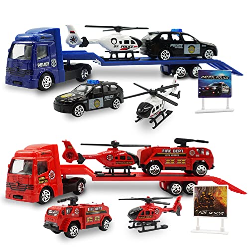 OTONOPI Toy Vehicle Push and Go Rescue Playset Diecast Mini Police Car Fire Engine Truck and Helicopter Toy in Semi Carrier Truck Gift for Toddlers Kids Boys - Image 1
