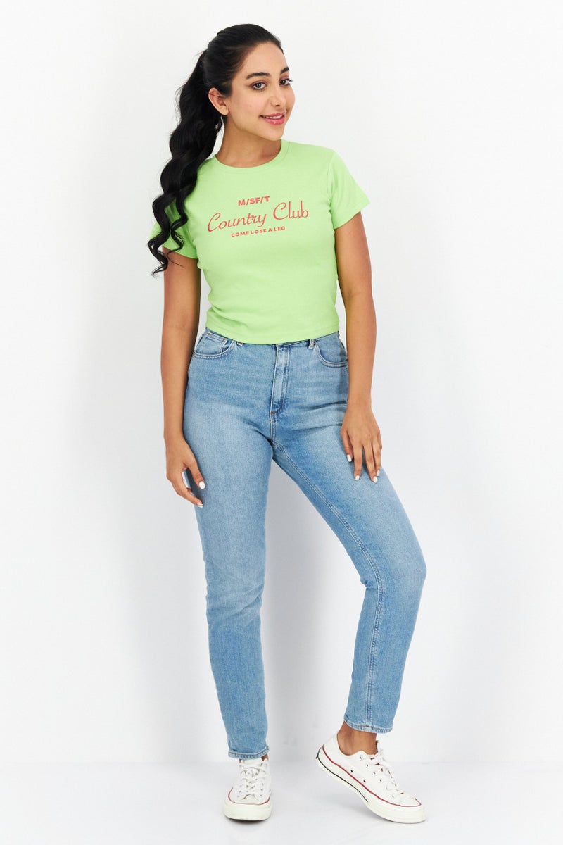 Misfit Women Crew Neck Short Sleeves Printed T-Shirt, Lime - Image 2