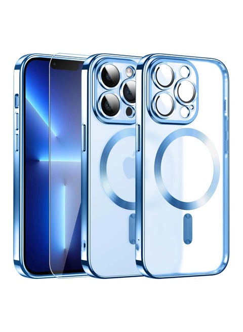 Magnetic Clear for iPhone 14 Pro Max Case with MagSafe [Bare iPhone Exterior] [Bulid in Camera Cover] Silicone Cover Ultra Slim Thin [Non-Yellowing] Anti-Fingerprint Wireless Charging (Sierra Blue)