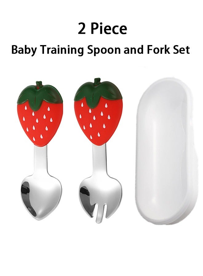 GMORO Cartoon Strawberry Shape Baby Fork and Spoon Set,Stainless Steel Utensils Cutlery Kit with Travel Safe Carry Case for Toddler Self Feeding Learning - Image 1