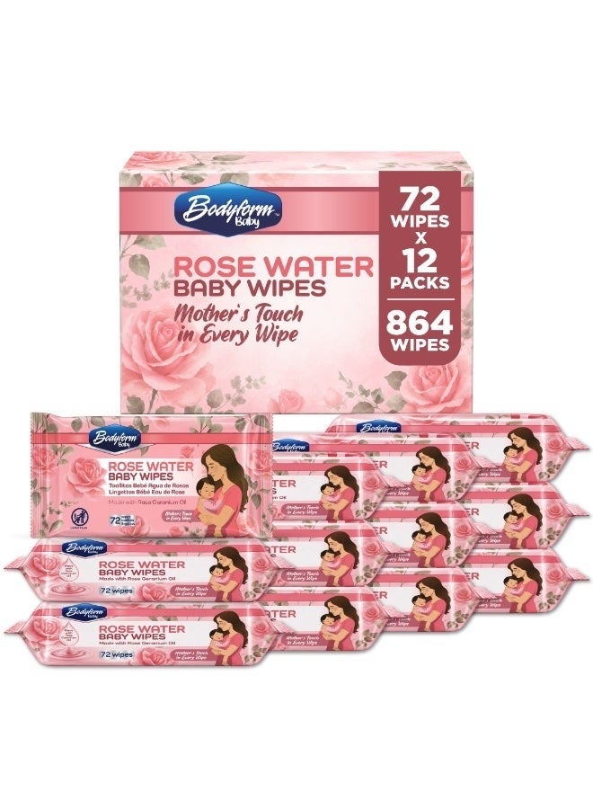 Bodyform Baby Rose Water Wipes, 12 Packs of 72 Count (864 Wipes) — Soft Thick Wipes with Rose Geranium Oil, Alcohol & Paraben Free, Gentle for Hands, Face & Bottom - Image 1
