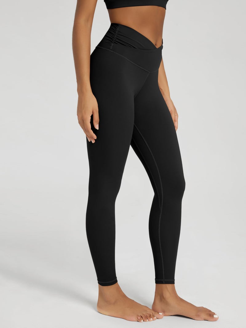ODODOS Women's Cross Waist 7/8 Yoga Leggings with Inner Pocket, Inseam 25" Gathered Crossover Workout Yoga Pants, Black, XX-Large - Image 2