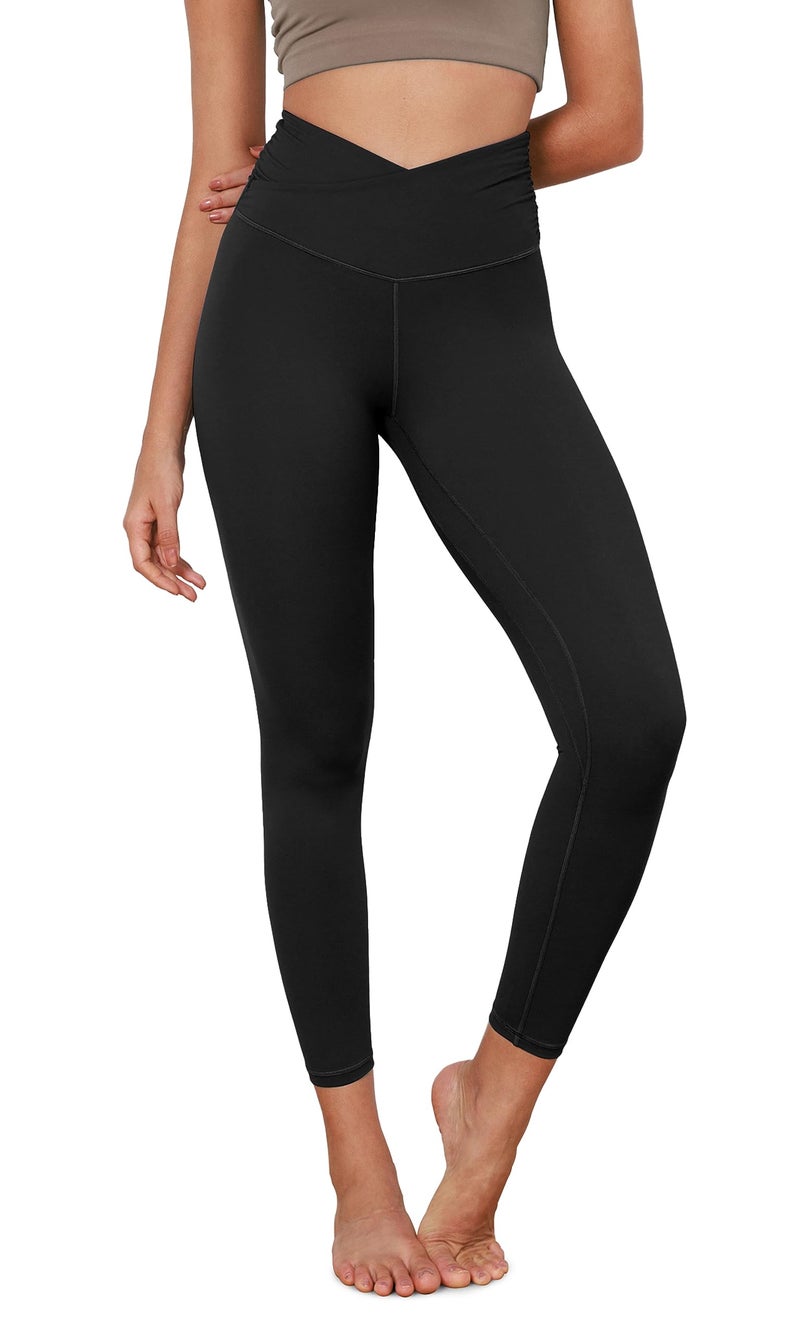 ODODOS Women's Cross Waist 7/8 Yoga Leggings with Inner Pocket, Inseam 25" Gathered Crossover Workout Yoga Pants, Black, XX-Large - Image 1