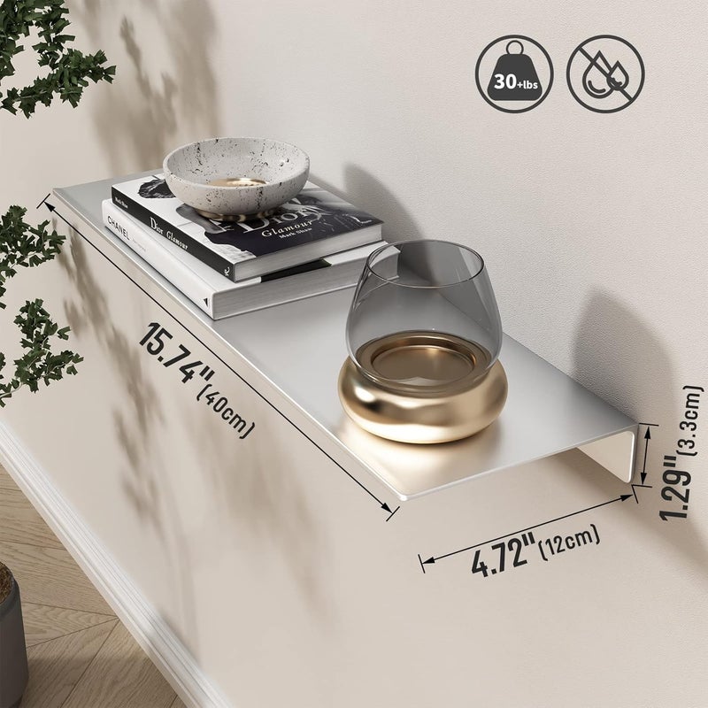 Danpoo 16 inch Floating Shelf for Wall Organizer & Storage, Display Shelf, Metal Wall Shelf for Bathroom, Living Room, Kitchen, Bedroom(Silver) - Image 3
