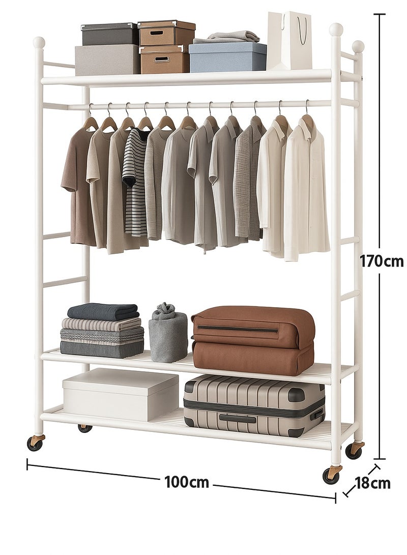 Living Multifunctional Metal Clothes Rack with Shelves and Wheels – 170x100x45cm Heavy Duty Organizer for Clothes, Boxes, and Luggage – White 