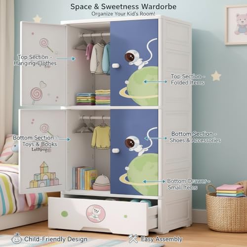 Mevigo Door Plastic Wardrobe for Kids| Almirah and Wardrobe for Baby Clothes| Modular Storage Cabinet with Wheel Organizer for Cupboard Rack for Clothes/Shoes/Books/Toy (Starry-SJ6514, 3- Layer) - Image 3