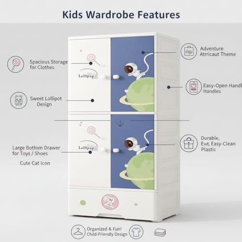Mevigo Door Plastic Wardrobe for Kids| Almirah and Wardrobe for Baby Clothes| Modular Storage Cabinet with Wheel Organizer for Cupboard Rack for Clothes/Shoes/Books/Toy (Starry-SJ6514, 3- Layer) - Image 4