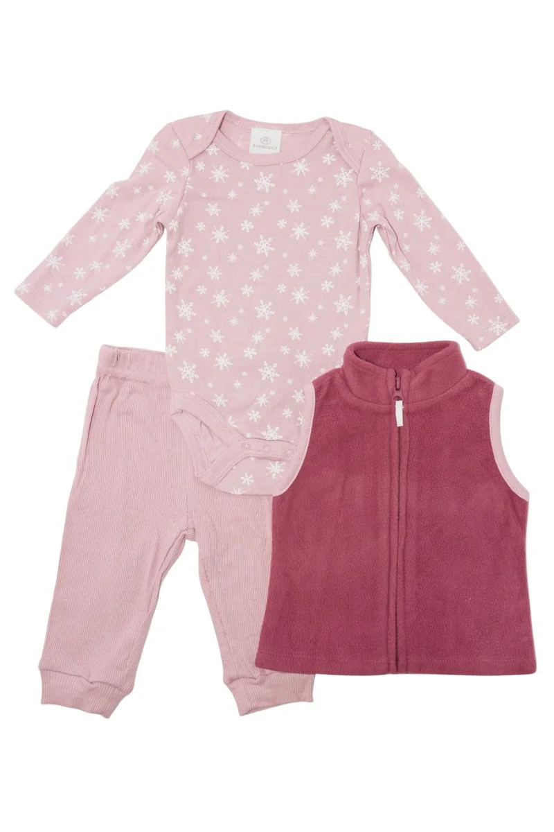 Bambimici Bambimici  Snowflakes Print Long Sleeve Bodysuit with zipper and Pyjama - Dark Pink