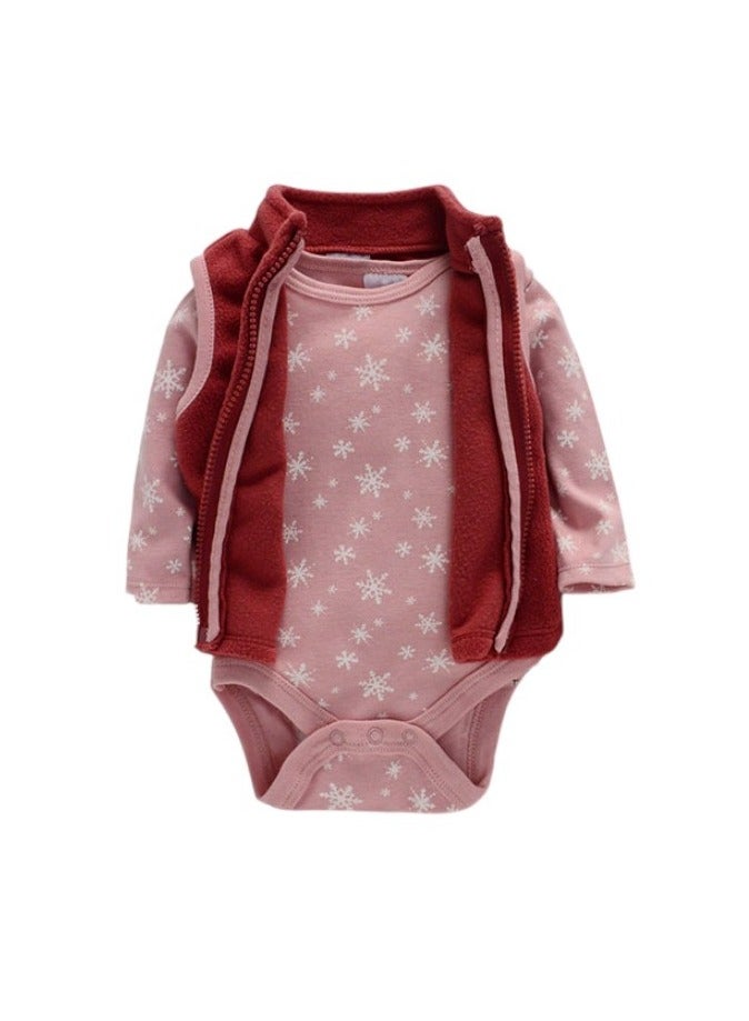 Bambimici Bambimici  Snowflakes Print Long Sleeve Bodysuit with zipper and Pyjama - Dark Pink 