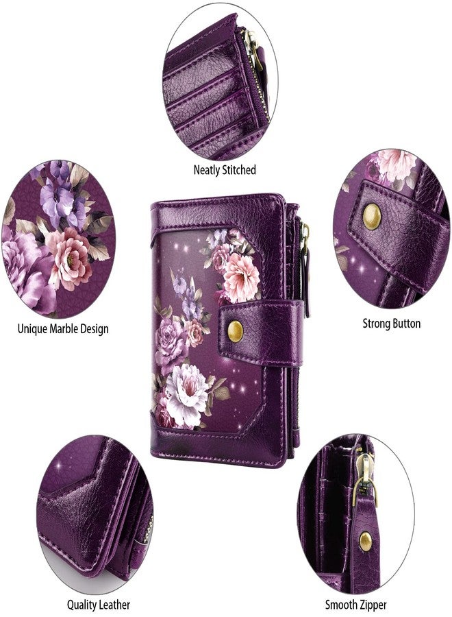 Simikol Small Women Wallet,Bifold Purse RFID Blocking Credit Card Holder Wallet with Zipper Pocket, Purple Flowers, Vintage - Image 3