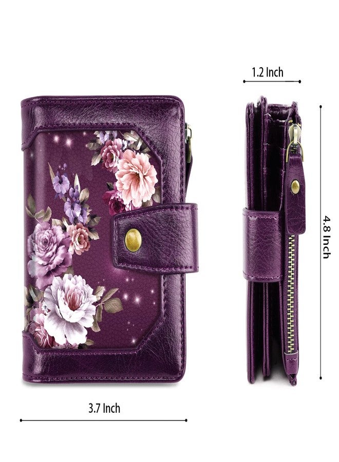 Simikol Small Women Wallet,Bifold Purse RFID Blocking Credit Card Holder Wallet with Zipper Pocket, Purple Flowers, Vintage - Image 4