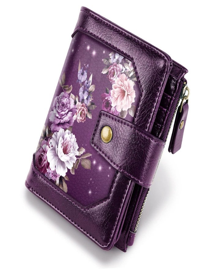 Simikol Small Women Wallet,Bifold Purse RFID Blocking Credit Card Holder Wallet with Zipper Pocket, Purple Flowers, Vintage - Image 1