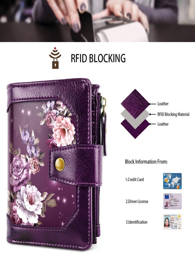 Simikol Small Women Wallet,Bifold Purse RFID Blocking Credit Card Holder Wallet with Zipper Pocket, Purple Flowers, Vintage - Image 5