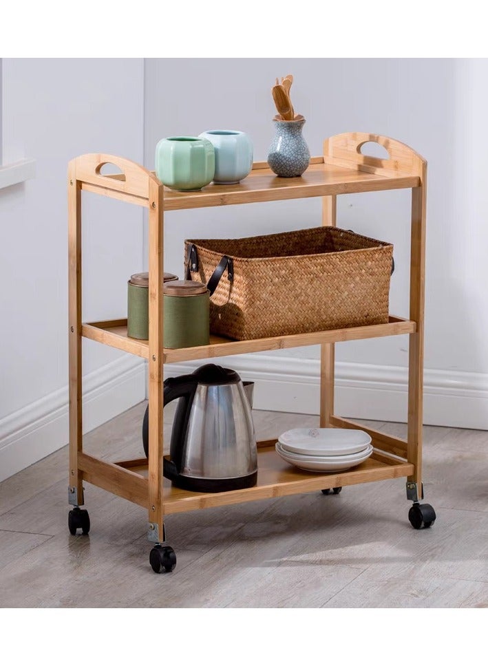 LINGWEI Bamboo Kitchen Trolley Wooden Utility Serving Cart Brown 60x78x33cm - Image 5