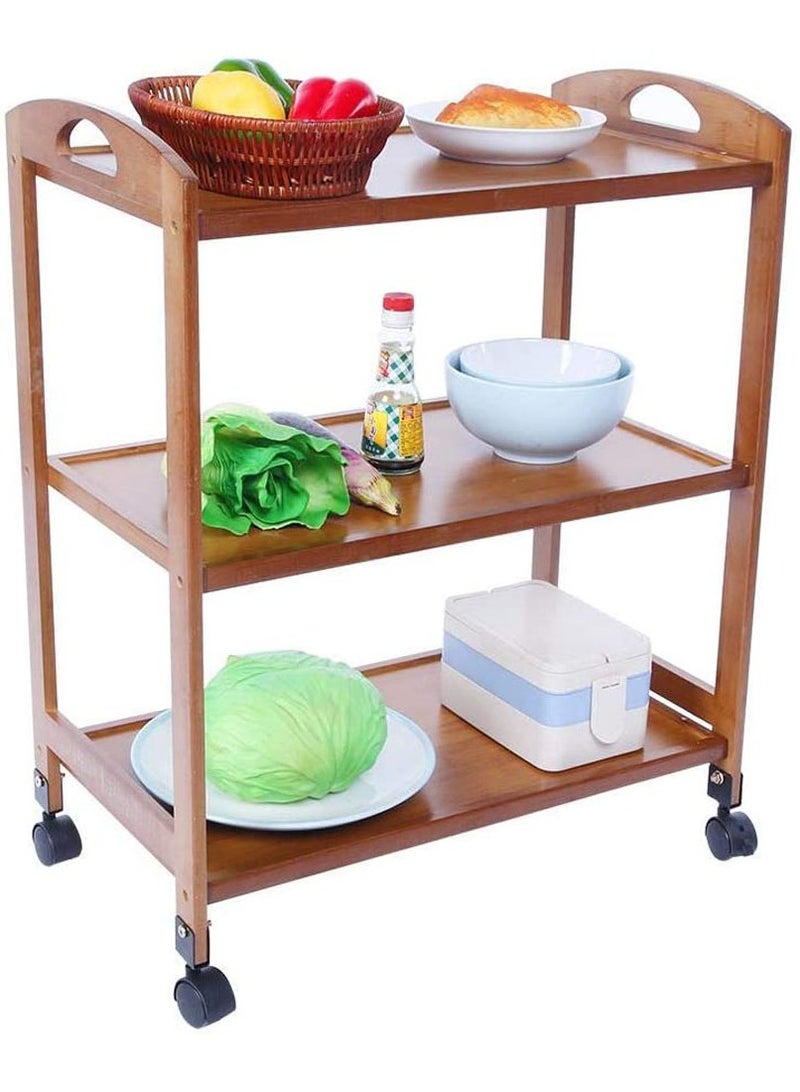 LINGWEI Bamboo Kitchen Trolley Wooden Utility Serving Cart Brown 60x78x33cm - Image 1
