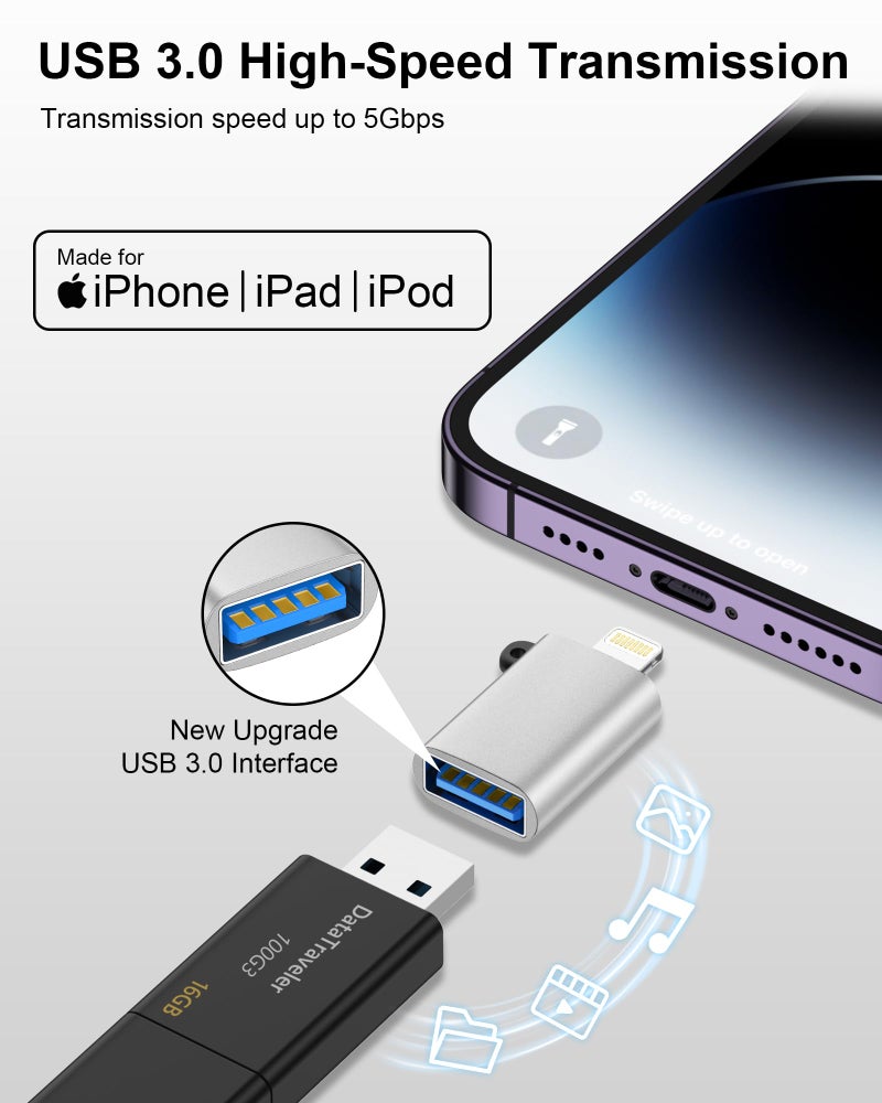 Haoano iPhone OTG Adapter, USB 3.0 Female to Lightning Male Adapter OTG Dongle for iPhone 14 13 12 11 Xr X XS 8, iPad Air Pro Mini, Camera, Card Reader, Keyboard, Mouse, Hubs, USB Disk Connection - Silver - Image 2