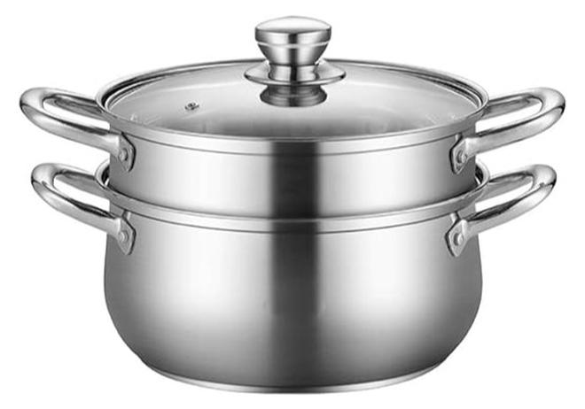 قدر بخار مكون من طبقتين مصنوع من الاستانلس استيل مع غطاء زجاجي | وعاء بخاري لاعداد المأكولات الصحية | قدر بخاري لاعداد الخضروات و المنتو و الكسكس و المأكولات البحرية وغيرها من الاطباق الشهية - Image 1