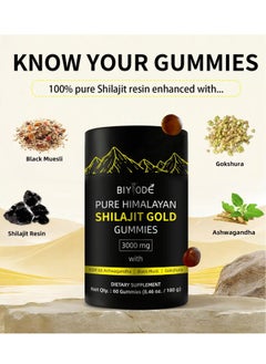 BIYODE Pure Himalayan Shilajit Gold Gummies Lab Tested No Added Sugar Infused with Ashwagandha Gokshura Fulvic Acid & 85+ Trace Minerals 100% Natural & Organic Non-GMO Suitable for Men & Women 60 Gummies  - Image 3