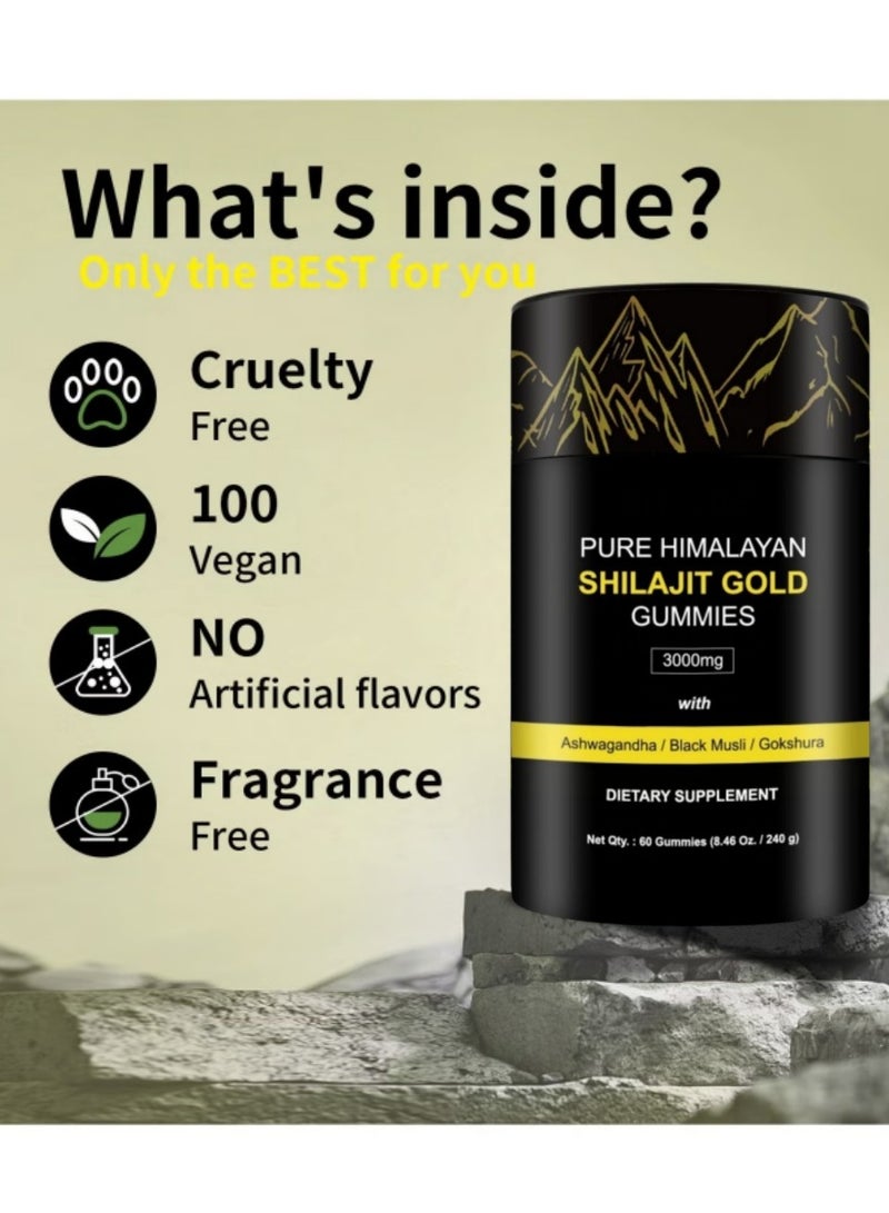 BIYODE Pure Himalayan Shilajit Gold Gummies Lab Tested No Added Sugar Infused with Ashwagandha Gokshura Fulvic Acid & 85+ Trace Minerals 100% Natural & Organic Non-GMO Suitable for Men & Women 60 Gummies  - Image 4