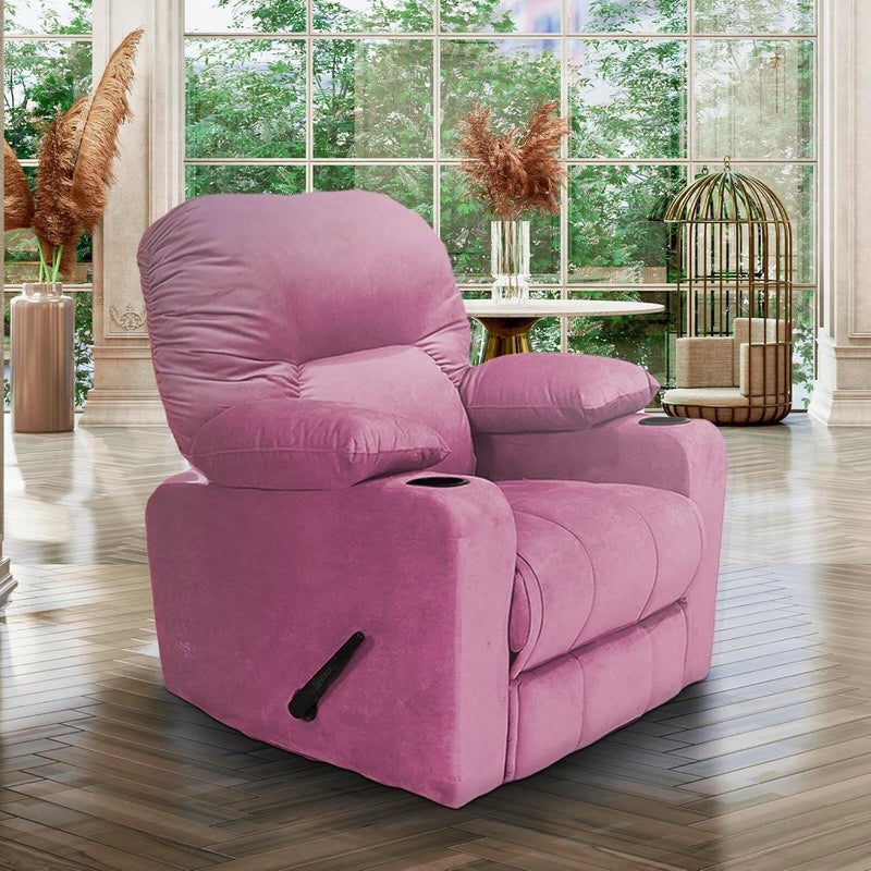 Fluffy Velvet Upholstered Cinema Rocking and Swivel Recliner Chair with Throne Cup Holder, Dark Pink - Image 2