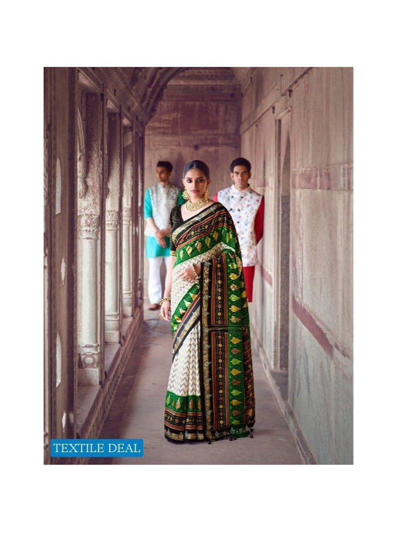 Grab Mantra White Lahariya silk Saree with Green Patola style border Plus unstitched blouse  - Image 2