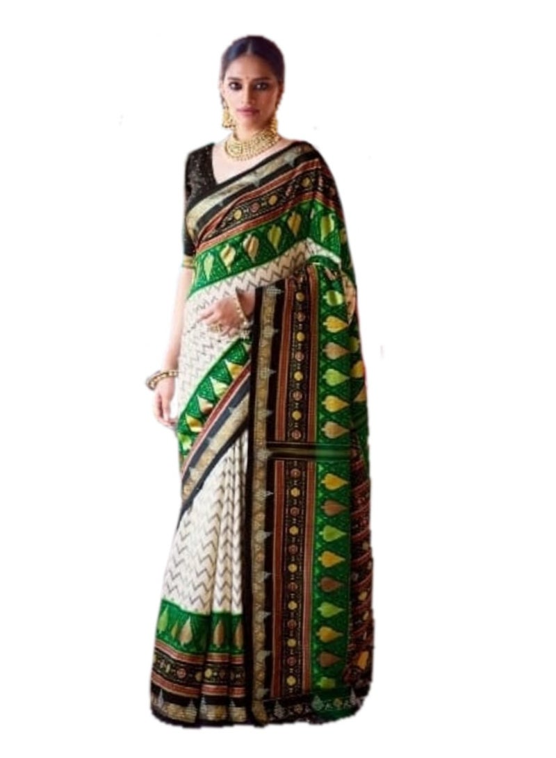 Grab Mantra White Lahariya silk Saree with Green Patola style border Plus unstitched blouse  - Image 1