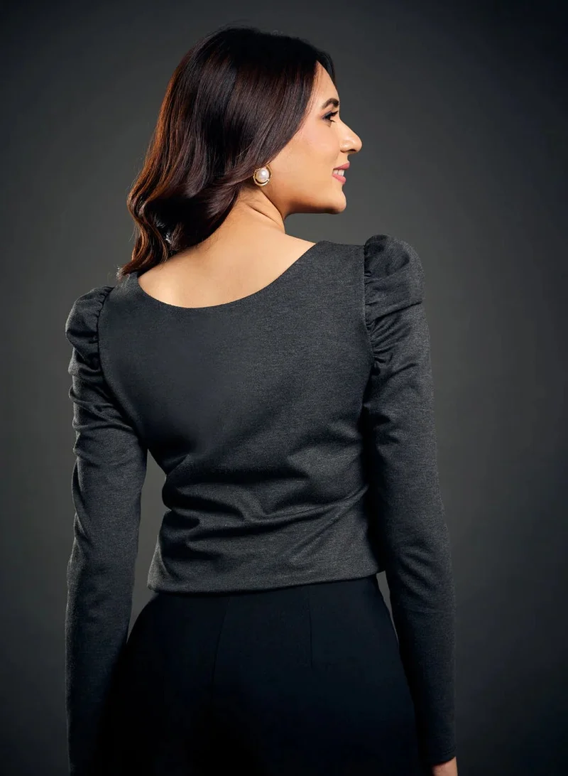 Zigzag Long Sleeve Scoop Neck Grey Top