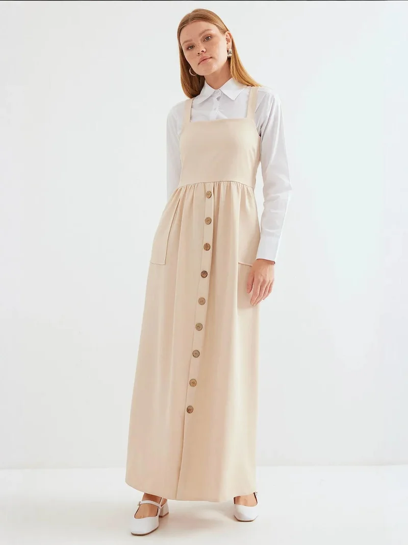 Big Dart Cream Natural BDART Square Collar A-Form Maxi Dress with Button Closure for Women | Best Price UAE