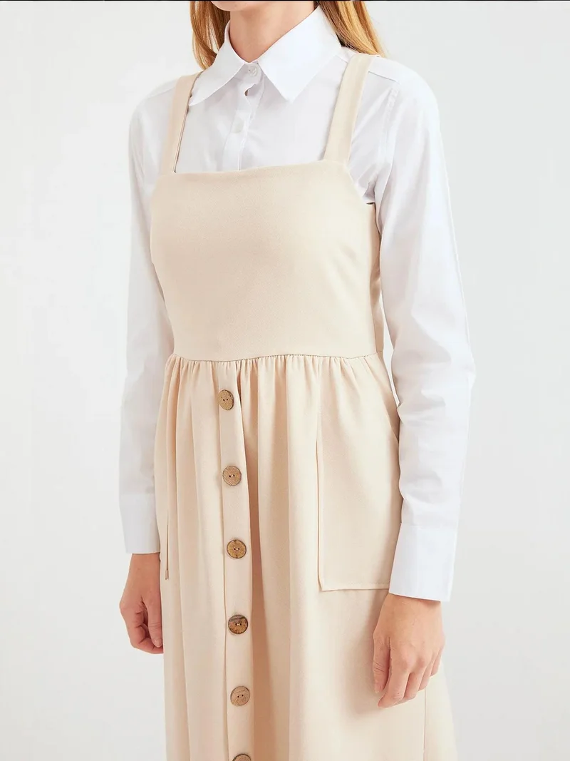 Big Dart Cream Natural BDART Square Collar A-Form Maxi Dress with Button Closure for Women | Best Price UAE