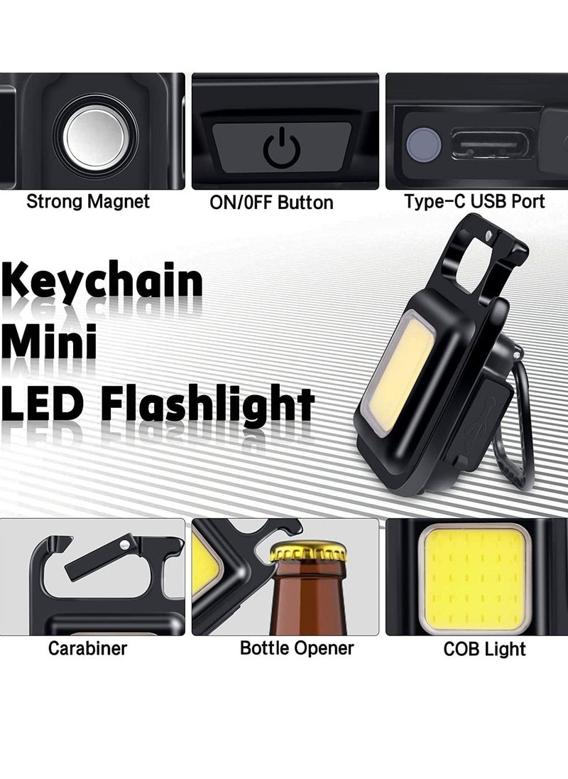 COB Small Flashlights, 800Lumens Bright Rechargeable Keychain Mini Flashlight 4 Light Modes Portable Pocket Light with Folding Bracket Bottle Opener and Magnet Base
