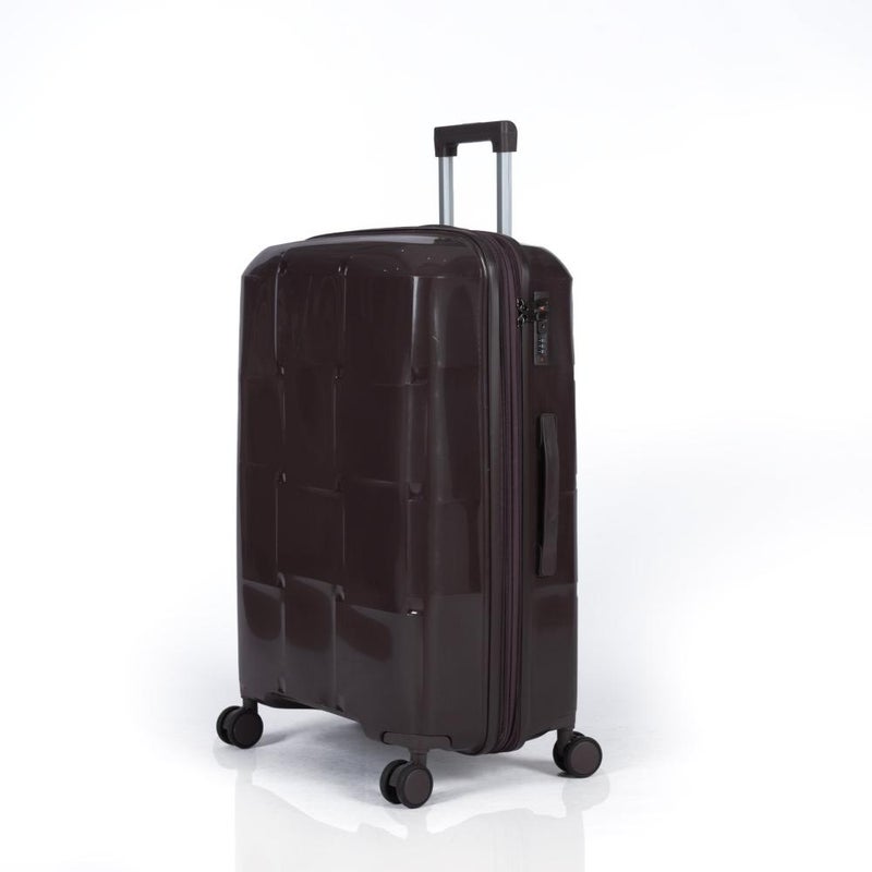 3-Piece Shatterproof Luggage Set Durable polypropylene with a unique geometric design and an extra-expansion zipper, Coffee - Image 2