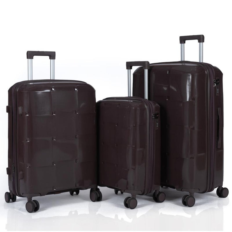3-Piece Shatterproof Luggage Set Durable polypropylene with a unique geometric design and an extra-expansion zipper, Coffee - Image 1