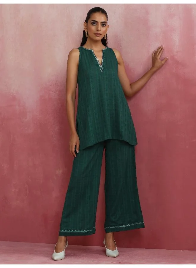 ترو برونز trueBrowns Dark Green Cotton Dobby Kurta Co-ord set